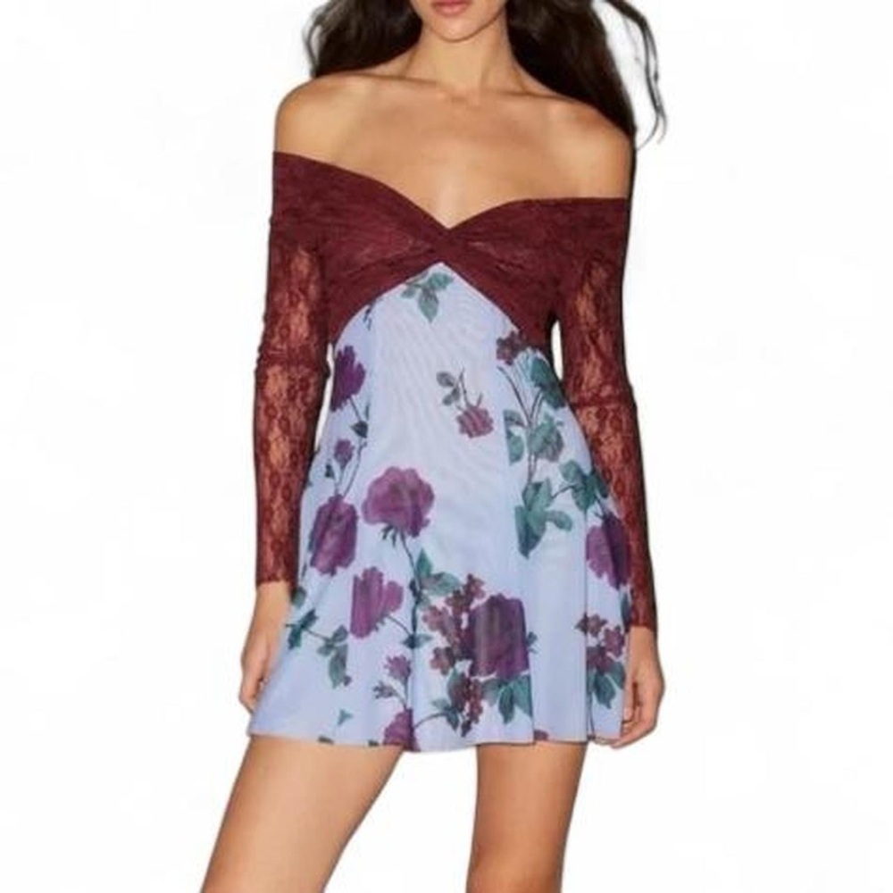 Kimchi Blue Burgundy and light blue off the shoulder mesh Floral Dress